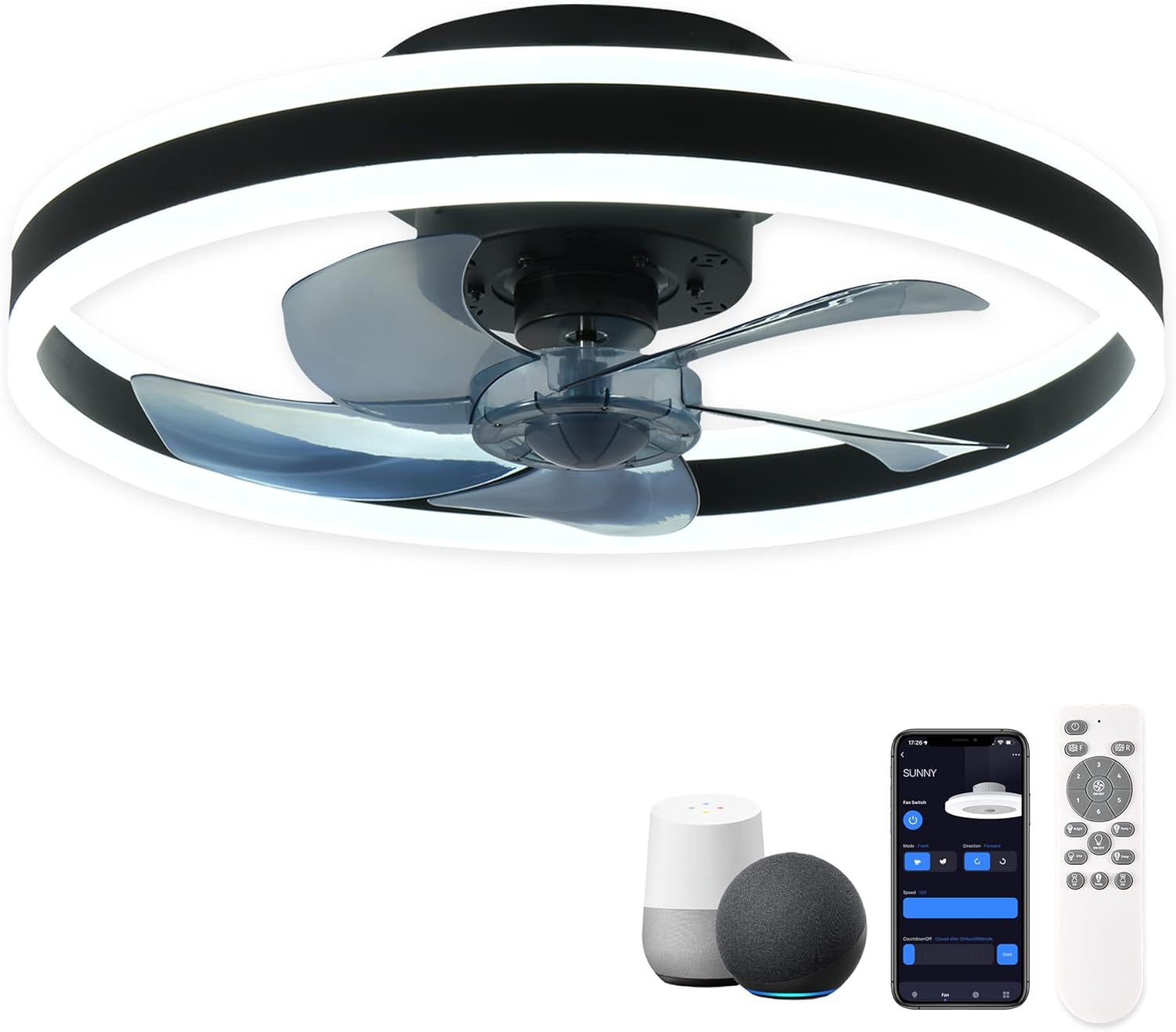 DEDFBA6E-A75E-AE3F-3042-5EAF3988323C Low-profile smart ceiling fan with lights, APP control, remote compatibility, 6-speed reversible blade - Image 1