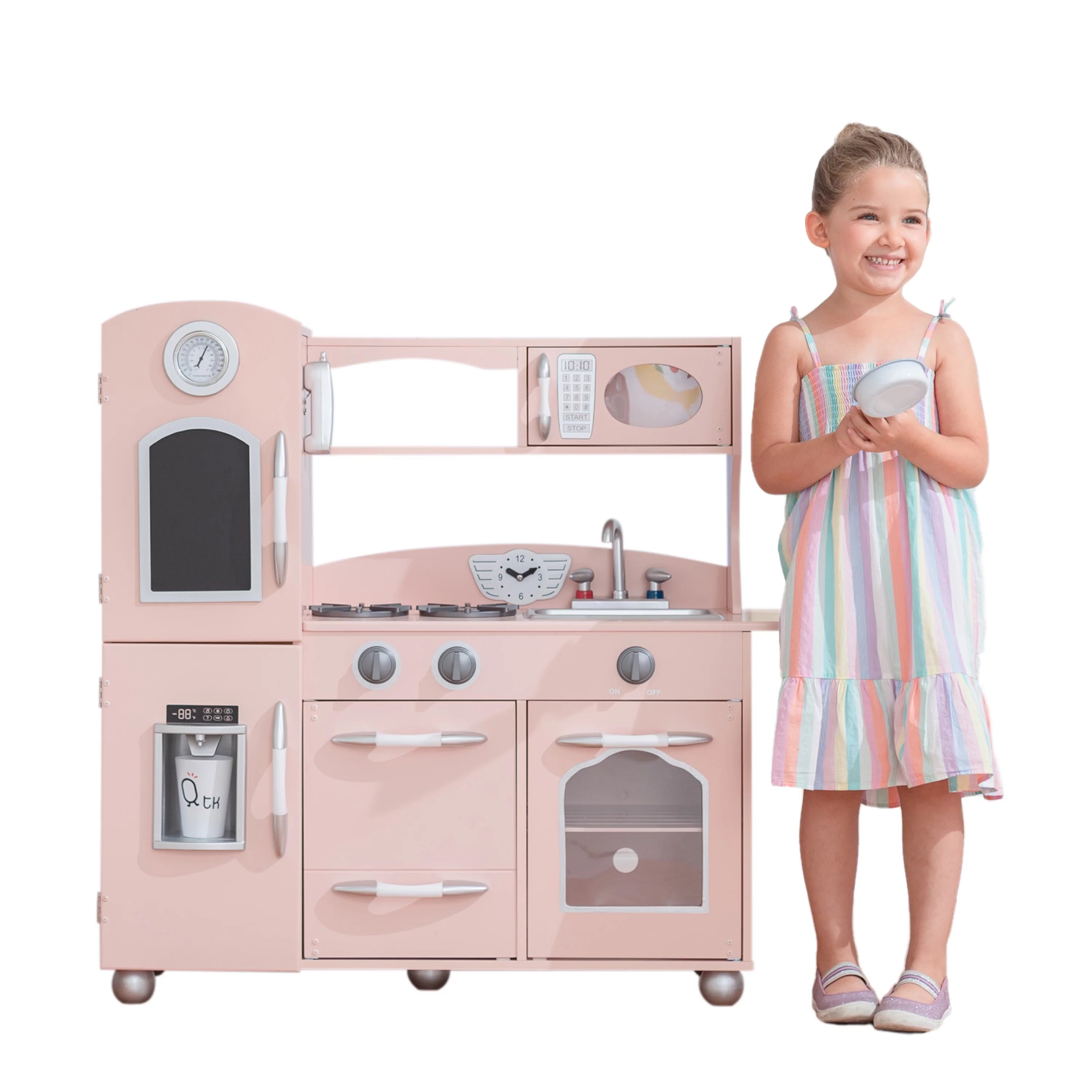F3B4094E-F9CB-28EA-A94D-C5AA6B3BDFC2 Little Chef Westchester Retro Wooden Play Kitchen, Pink - Image 1